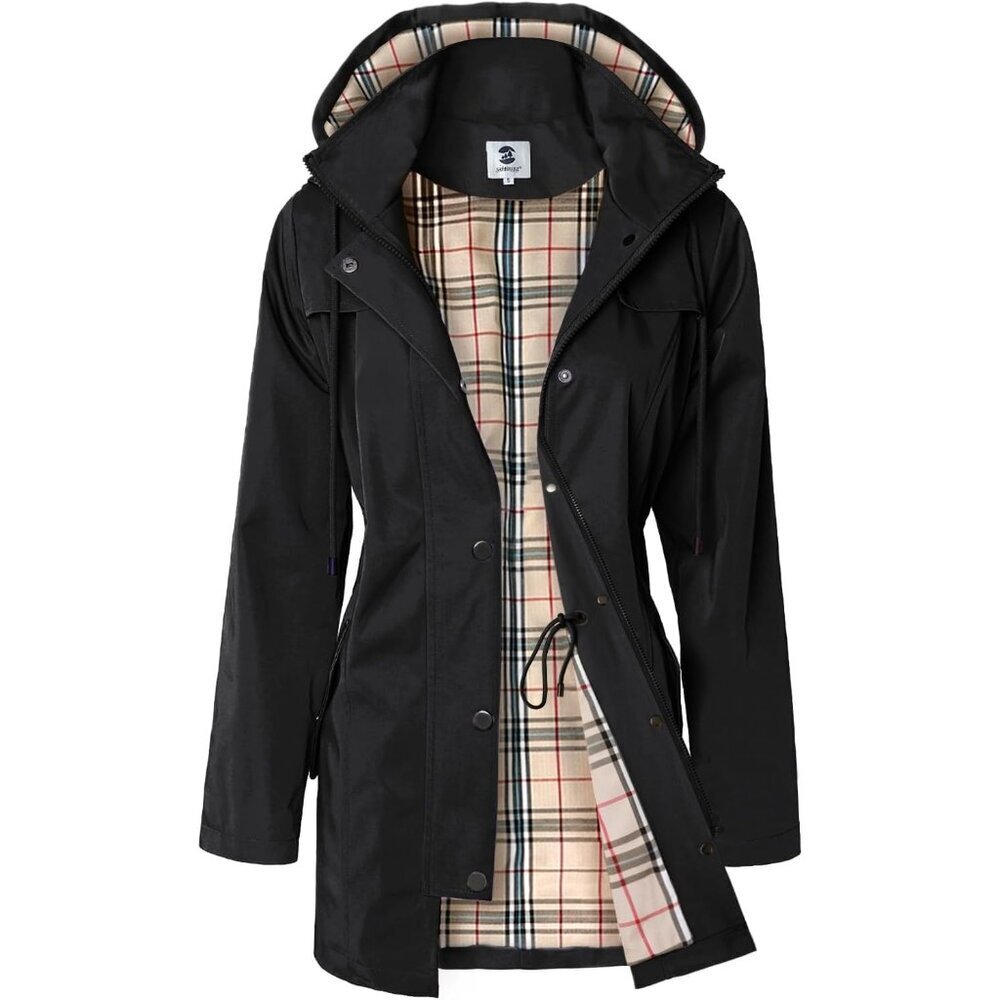 🆕SaphiRose Women's Black Waterproof Rain Long Lined Outdoor Raincoat with Hood